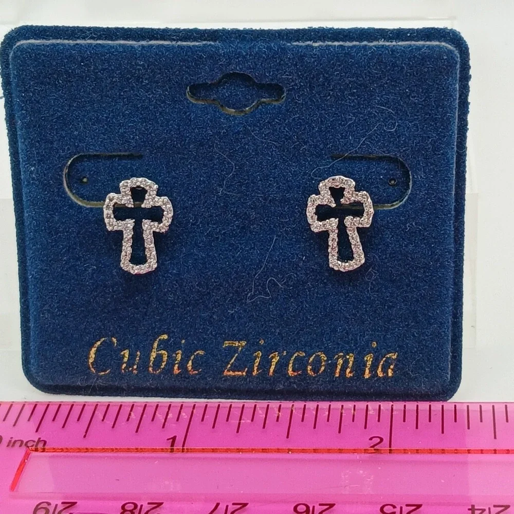 Micro Pave Vintage 1990s Cubic Zirconia Cross Stud Earrings Silver Tone Rare New
